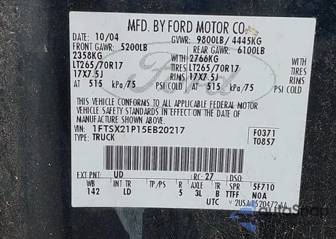 2005 Ford F-250 Lariat/Xl/Xlt from USA, damaged, VIN 1FTSX21P15EB20217